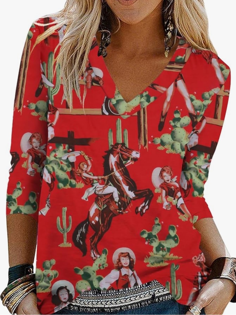 Chic Nation Red Western Horse & Cactus V-Neck Tunic